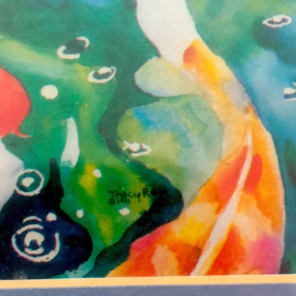 Framed Koi Fish Colourful Water Painting Print by Tracy Reid 1991 - Oak Frame - Picture 4 of 14